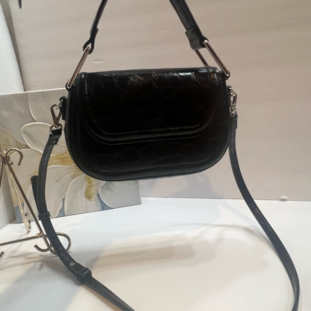 Zara Elegant Black Croc-Embossed crossbody bag satchel purse - Picture 7 of 14